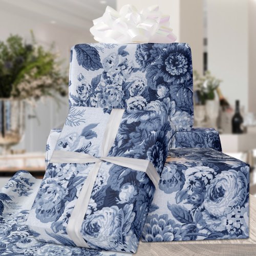 Indigo Blue  White Vintage Floral Toile No 3 Wrapping Paper