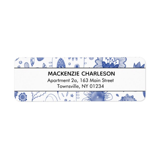 Indigo Blue & White Watercolor Flowers Address Label (Front)