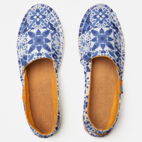 Indigo Blue  White Watercolor Tile Pattern Espadrilles