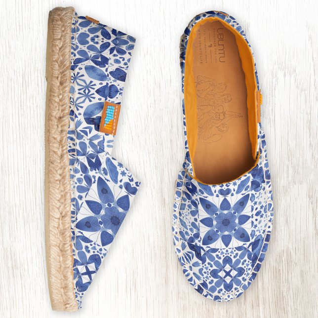 Indigo Blue & White Watercolor Tile Pattern Espadrilles (Indigo blue Mediterranean tile pattern espadrilles)