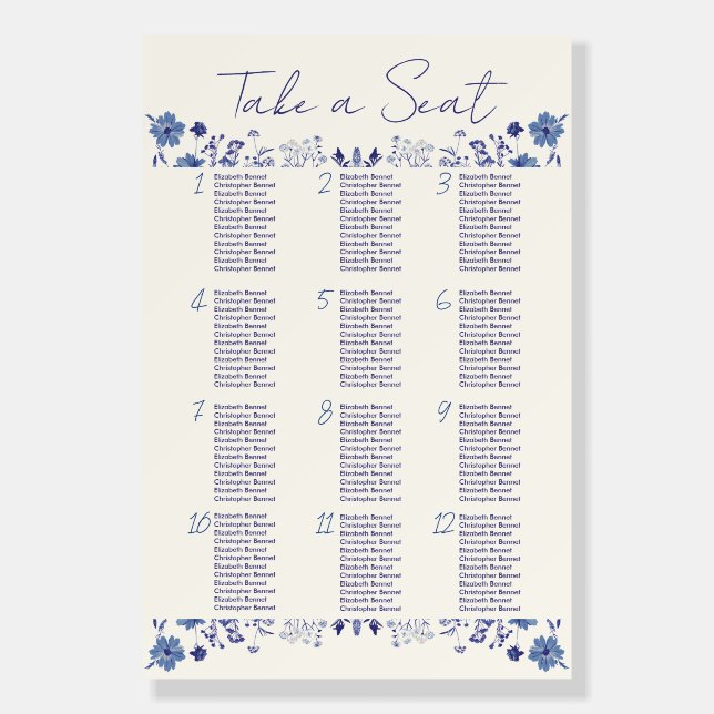 Indigo Blue Wildflower Wedding Seating Chart Foam Board (Front)
