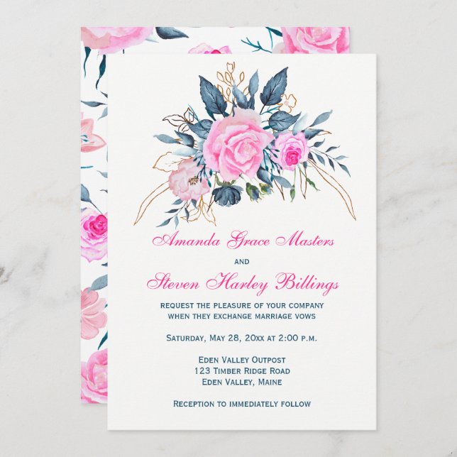 Indigo Blue with Pink Roses Wedding Invitation (Front/Back)