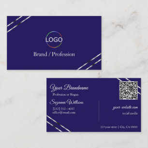Indigo Blue with Silver Lines Logo and QR Code Business Card