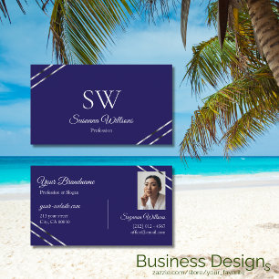 Indigo Blue with Silver Lines Monogram and Photo Business Card