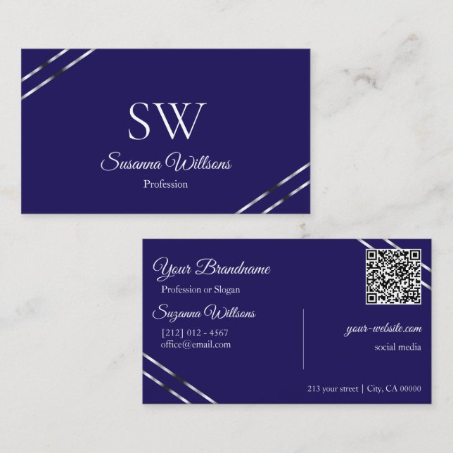 Indigo Blue with Silver Lines Monogram and QR Code Business Card (Front/Back)