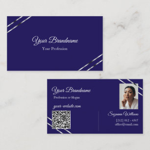 Indigo Blue with Silver Lines Photo and QR Code Business Card