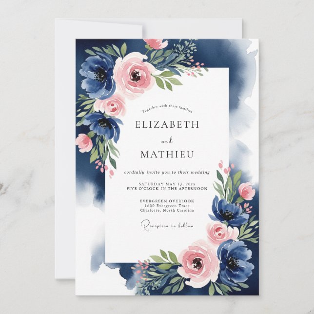 Indigo Blush Painterly Romance Wedding Invitation (Front)