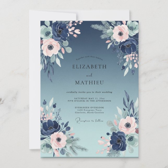 Indigo Blush Peony Wedding Invitation (Front)