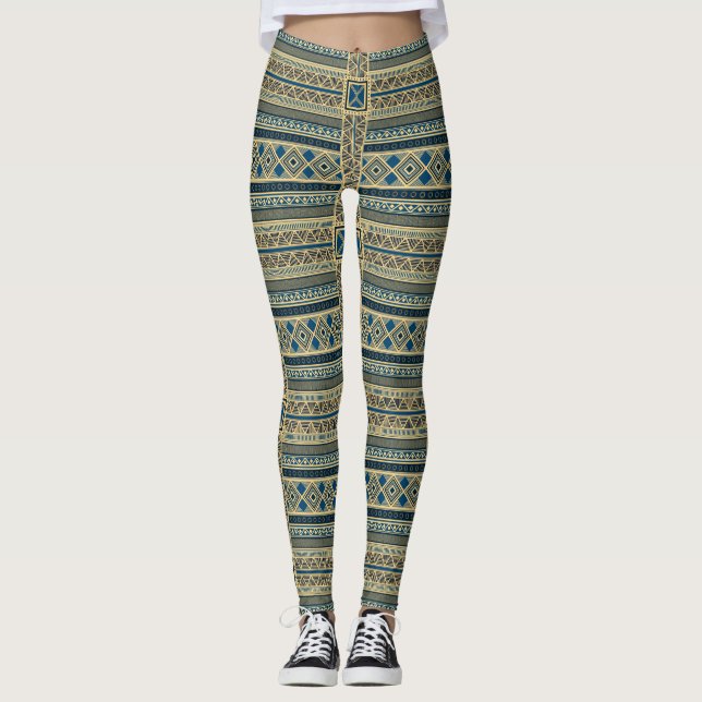 Indigo Bogolanfini Stride: The Mali Blue & Yellow  Leggings (Front)