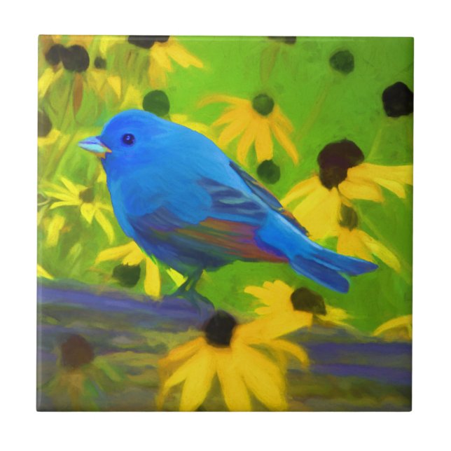 Indigo Bunting Painting - Original Bird Art Ceramic Tile (Front)