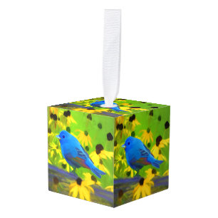 Indigo Bunting Painting - Original Bird Art Cube Ornament