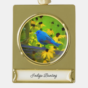 Indigo Bunting Painting - Original Bird Art Gold Plated Banner Ornament