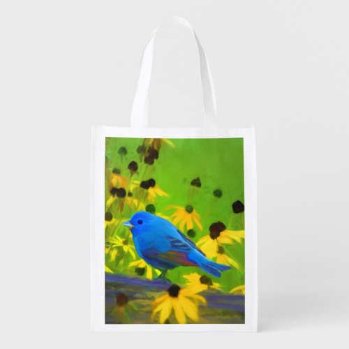 Indigo Bunting Painting _ Original Bird Art Grocery Bag