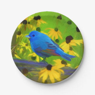 Indigo Bunting Painting - Original Bird Art Paper Plates