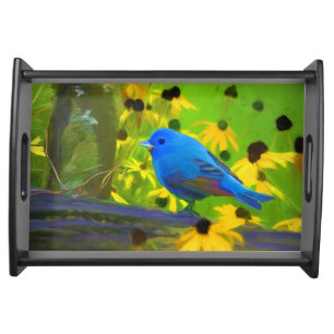 Indigo Bunting Painting - Original Bird Art Serving Tray