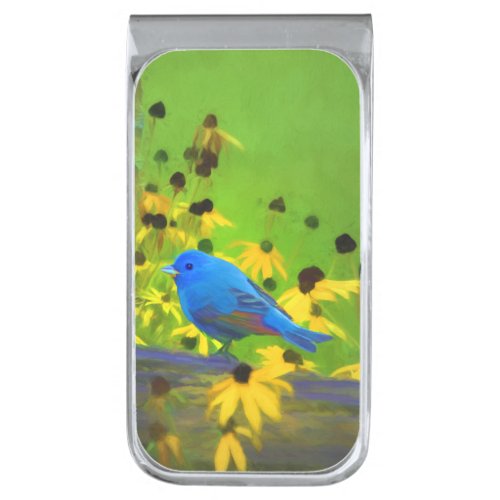 Indigo Bunting Painting _ Original Bird Art Silver Finish Money Clip