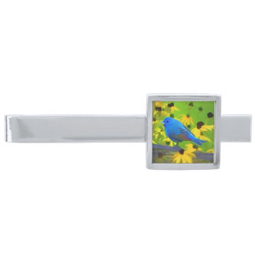 Indigo Bunting Painting _ Original Bird Art Silver Finish Tie Bar