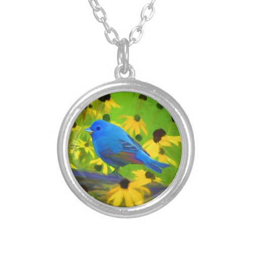 Indigo Bunting Painting _ Original Bird Art Silver Plated Necklace