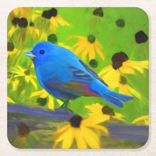 Indigo Bunting Painting - Original Bird Art Square Paper Coaster (Front)