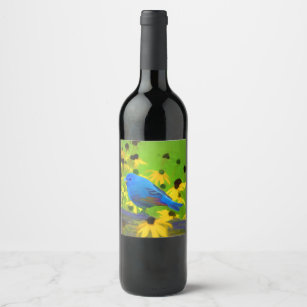 Indigo Bunting Painting - Original Bird Art Wine Label