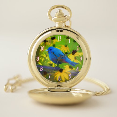 Indigo Bunting Painting _ Original Wild Bird Art Pocket Watch