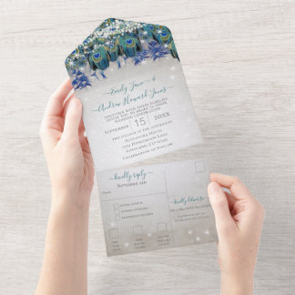Indigo Bunting Peacock Fairy Lights Wedding All In One Invitation