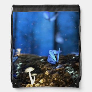 Indigo Butterfly and Mushroom Forest Drawstring Bag