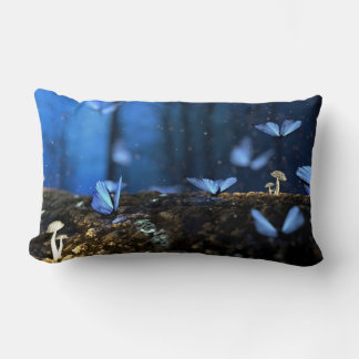 Indigo Butterfly and Mushroom Forest Lumbar Pillow