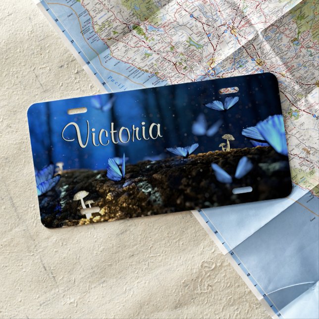 Indigo Butterfly and Mushroom Forest Personalized License Plate (In Situ)