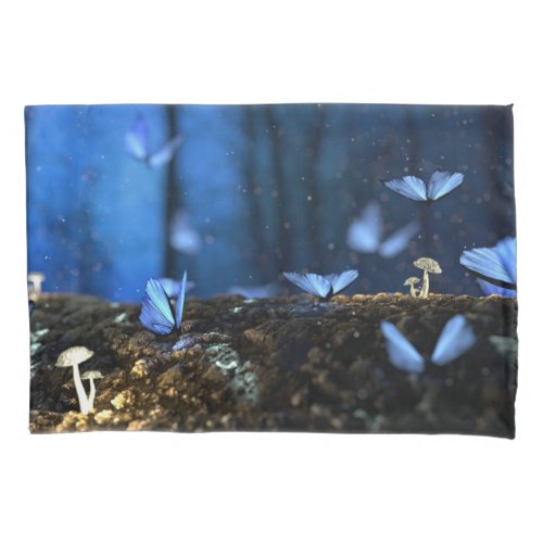 Indigo Butterfly and Mushroom Forest Pillow Case