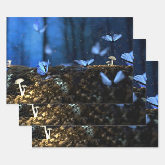 Indigo Butterfly and Mushroom Forest Wrapping Paper Sheets
