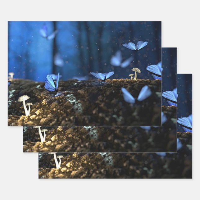 Indigo Butterfly and Mushroom Forest Wrapping Paper Sheets (Set)