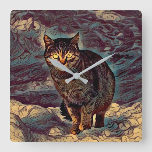 Indigo cat in Vincent Van Gogh painting style Square Wall Clock