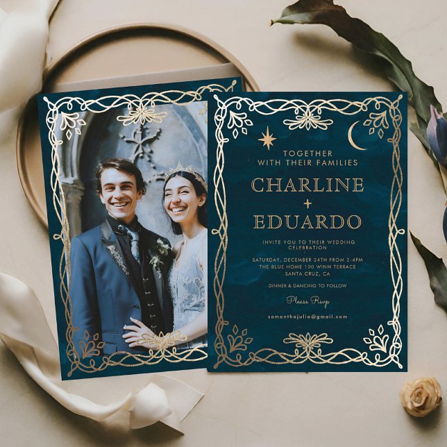 Indigo Celestial Medieval Gold Ivy Wedding  Invitation (Creator Uploaded)