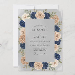 Indigo Champagne Rose Wedding Invitation
