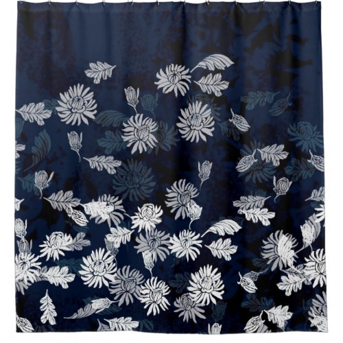 Indigo Chrysanthemum Border Print Shower Curtain