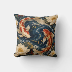 Indigo Cinnabar Koi Water Lily Throw Pillow