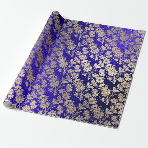 Indigo Cobal Blue Gold Floral Powder Floral Foxier Wrapping Paper