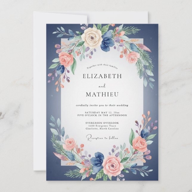 Indigo Coral Peony Wedding Invitation (Front)