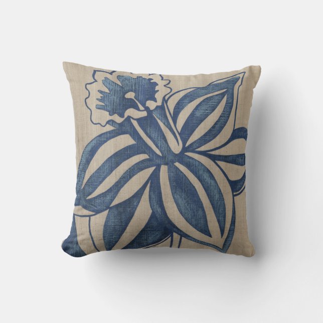 Indigo Daffodil Throw Pillow (Front)
