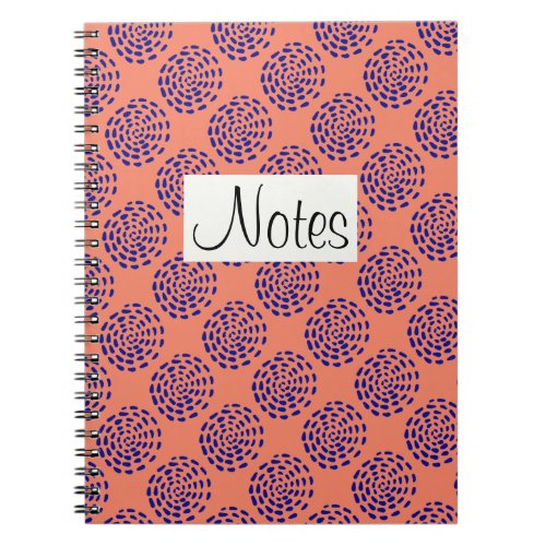 Indigo dark blue striped circle pattern on salmon notebook