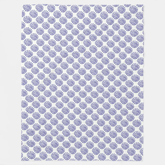 Indigo dark blue striped circle pattern on white fleece blanket (Front)