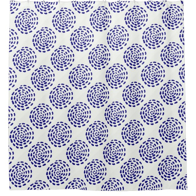 Indigo dark blue striped circle pattern on white shower curtain (Front)