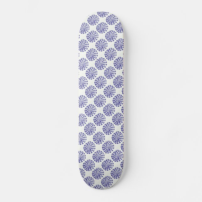 Indigo dark blue striped circle pattern on white skateboard deck (Front)
