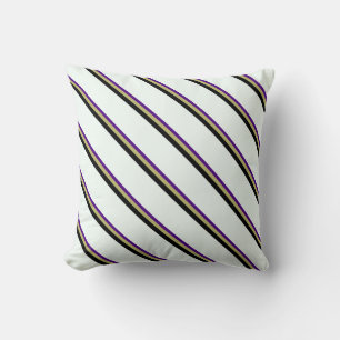 Indigo, Dark Khaki, Black & Mint Cream Stripes Throw Pillow