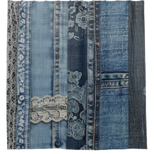 Indigo Denim Lace Stripe Pattern Shower Curtain