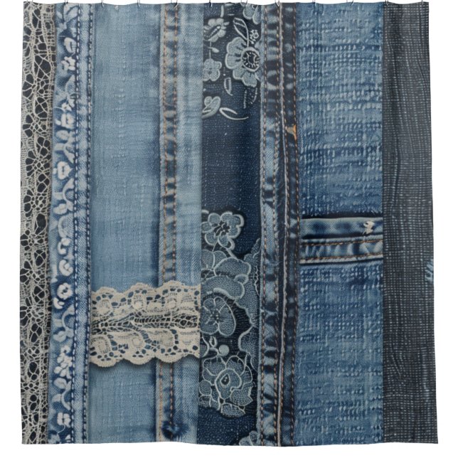 Indigo Denim Lace Stripe Pattern Shower Curtain (Front)