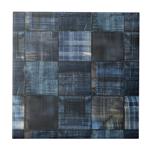 Indigo Denim Patchwork Seamless Pattern Ceramic Tile (Front)
