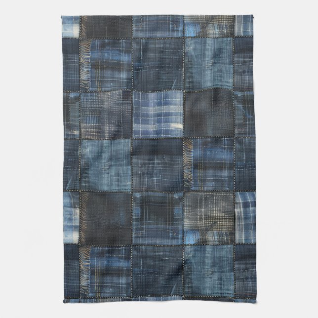 Indigo Denim Patchwork Seamless Pattern Kitchen Towel (Vertical)
