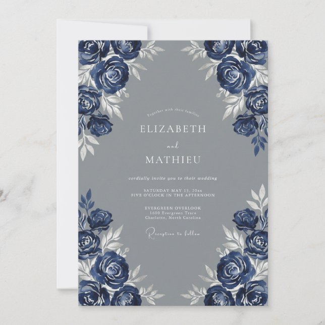 Indigo Dramatic Floral Wedding Invitation (Front)